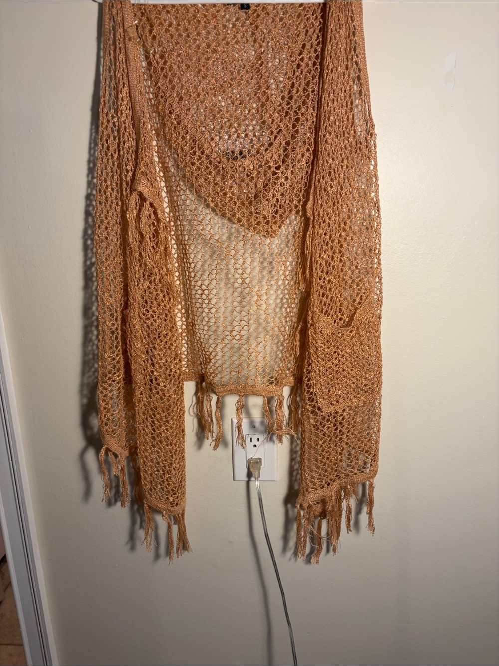 POL Open-Knit Fringe Cardigan in Tan